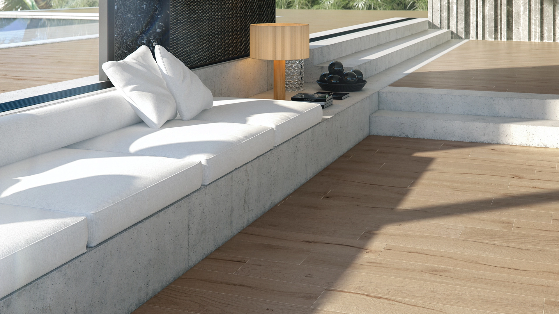 Deck exterior junto à piscina revestido com Pantanal
