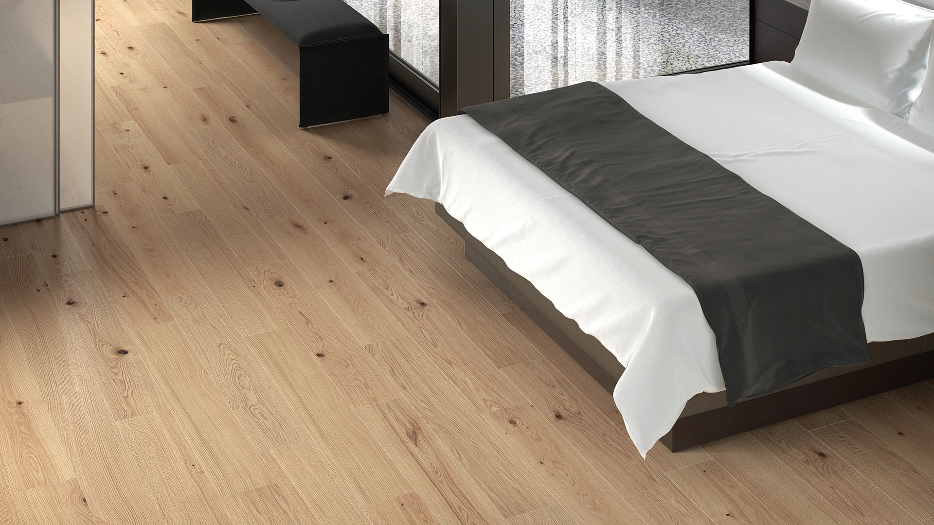 Quarto com pavimento Pantanal Almond